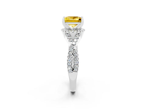 White gold Princess Cut Yellow Sapphire Halo Twist Band Solitaire Prong Setting Ring_26