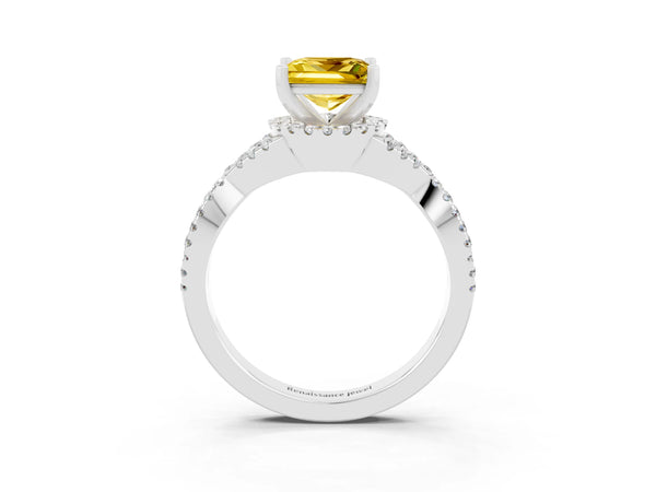 White gold Princess Cut Yellow Sapphire  Halo Twist Band Solitaire Prong Setting Ring