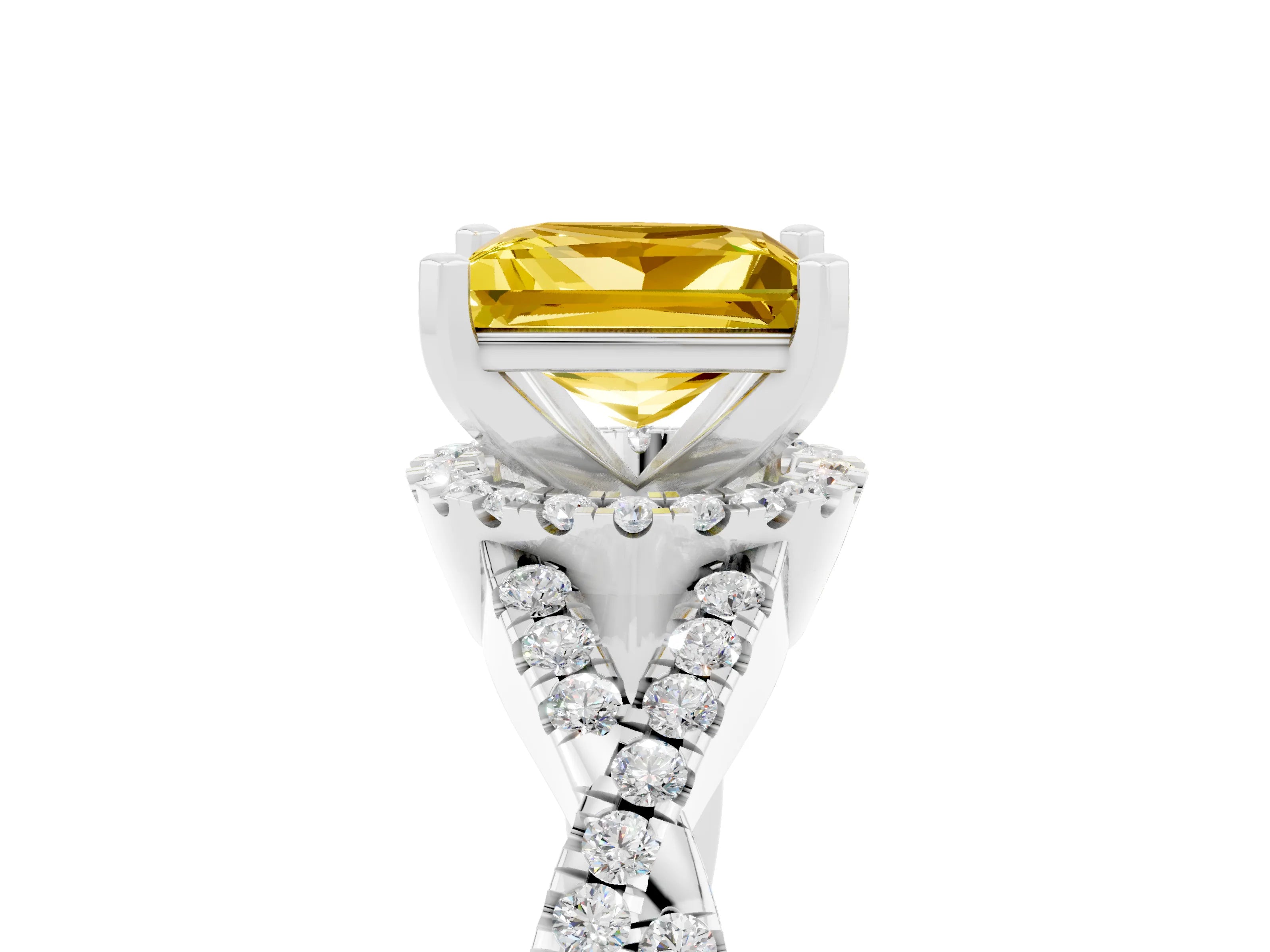 White gold Princess Cut Yellow Sapphire Halo Twist Band Solitaire Prong Setting Ring_29