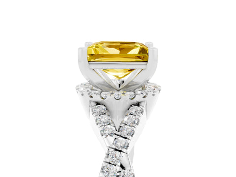 White gold Princess Cut Yellow Sapphire Halo Twist Band Solitaire Prong Setting Ring_29