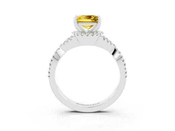 White gold Princess Cut Yellow Sapphire  Halo Twist Band Solitaire Prong Setting Ring