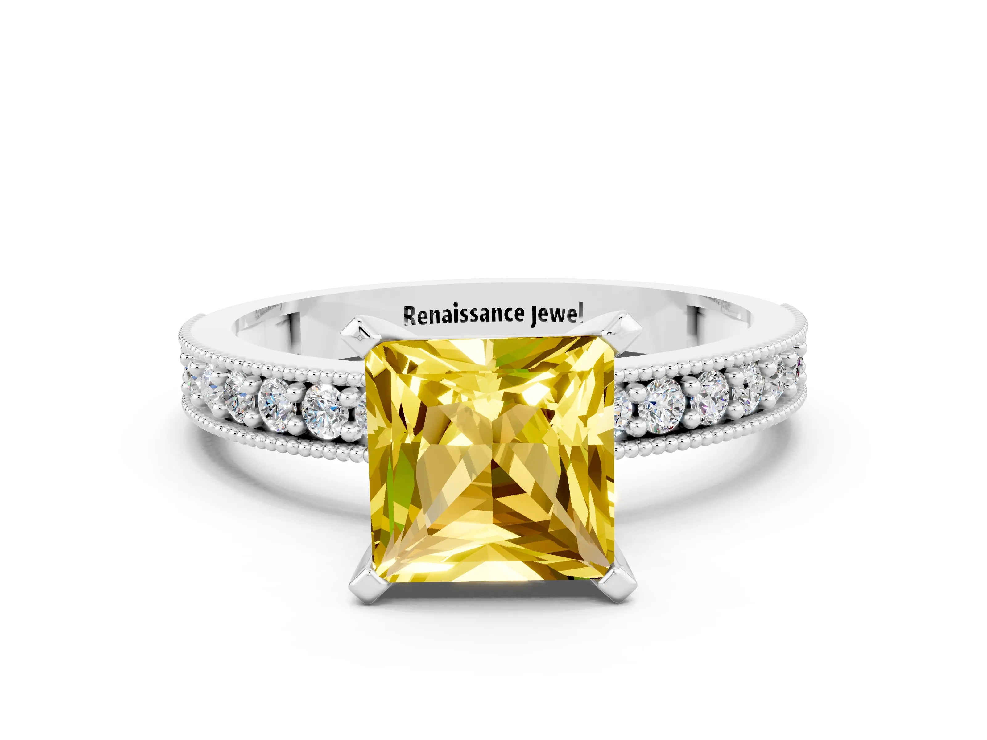 White gold Princess Cut Yellow Sapphire Milgrain Pavé Engagement Ring with Four-Prong Setting_36