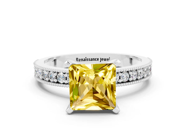 Silver Princess Cut Yellow Sapphire Milgrain Pavé Engagement Ring with Four-Prong Setting