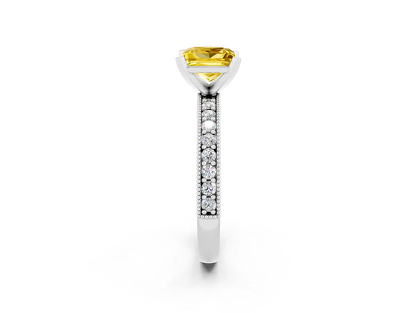Silver Princess Cut Yellow Sapphire Milgrain Pavé Engagement Ring with Four-Prong Setting