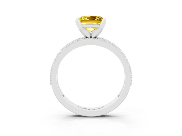 Silver Princess Cut Yellow Sapphire Milgrain Pavé Engagement Ring with Four-Prong Setting
