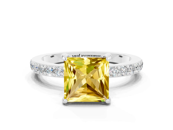 Platinum Princess Cut Yellow Sapphire Pavé Engagement Ring with Round  Accents and Prong Setting