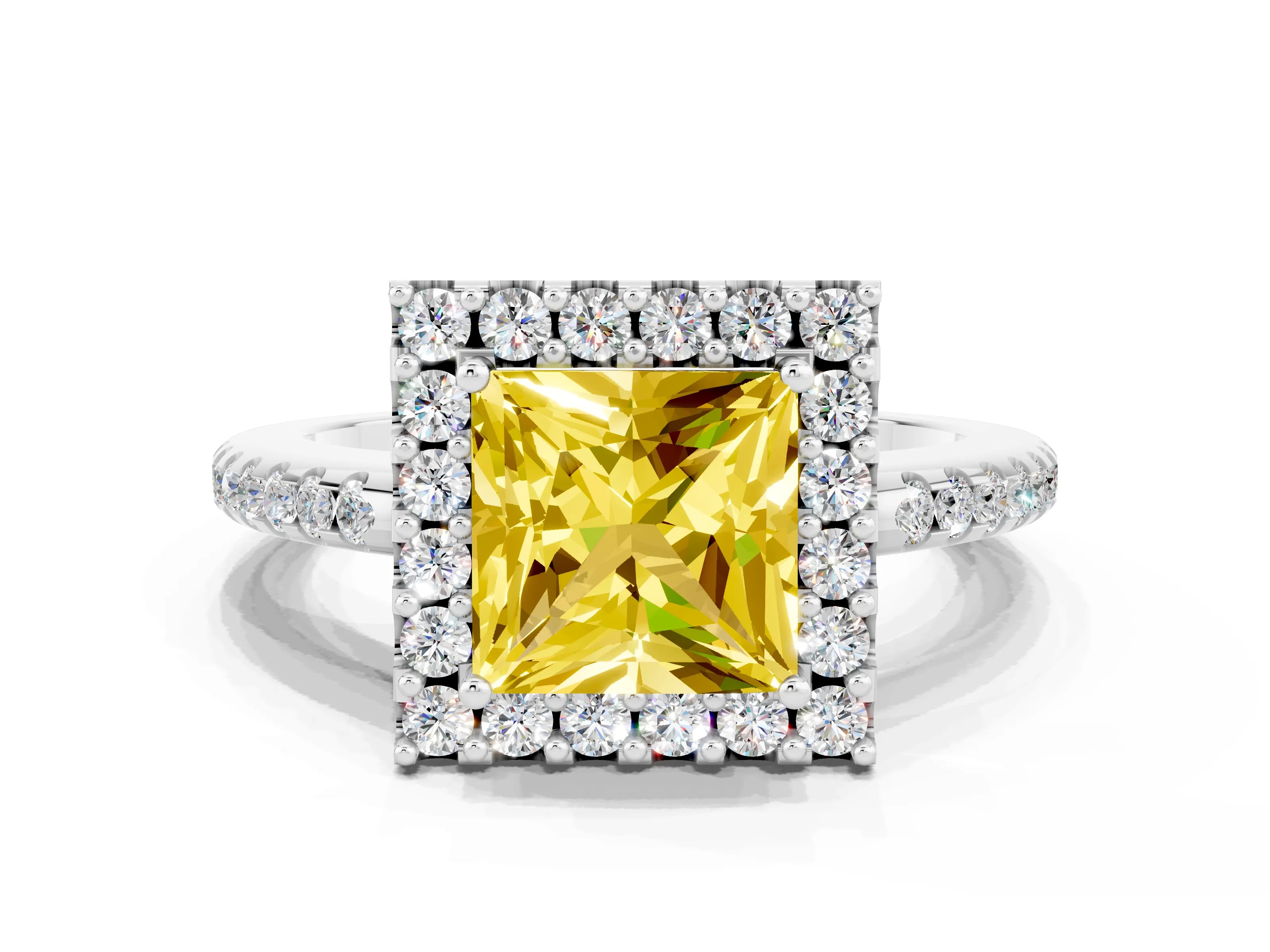 White gold Princess Cut Yellow Sapphire Pavé Halo Ring with Four-Prong Setting_12