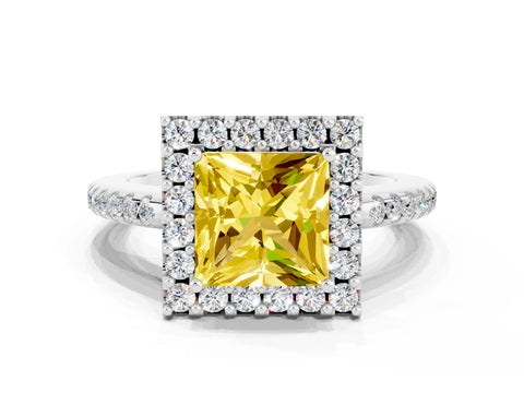 White gold Princess Cut Yellow Sapphire Pavé Halo Ring with Four-Prong Setting_12
