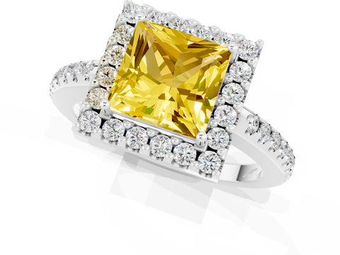 White gold Princess Cut Yellow Sapphire Pavé Halo Ring with Four-Prong Setting_13