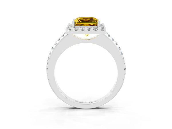 Silver Princess Cut Yellow Sapphire Pavé Halo Ring with Four-Prong Setting
