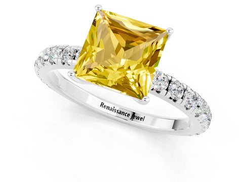 White gold Princess Cut Yellow Sapphire Pavé Solitaire Engagement Ring with Four-Prong Setting_13
