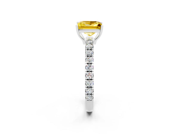 White gold Princess Cut Yellow Sapphire Pavé Solitaire Engagement Ring with Four-Prong Setting