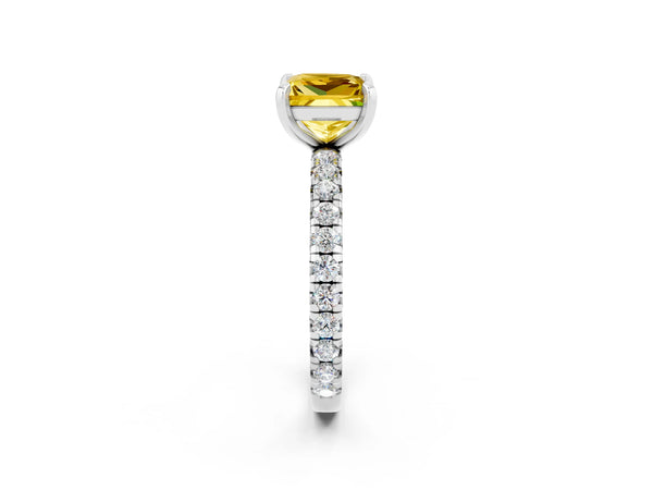 Platinum Princess Cut Yellow Sapphire Pavé Solitaire Ring with Round Band and Prong Setting