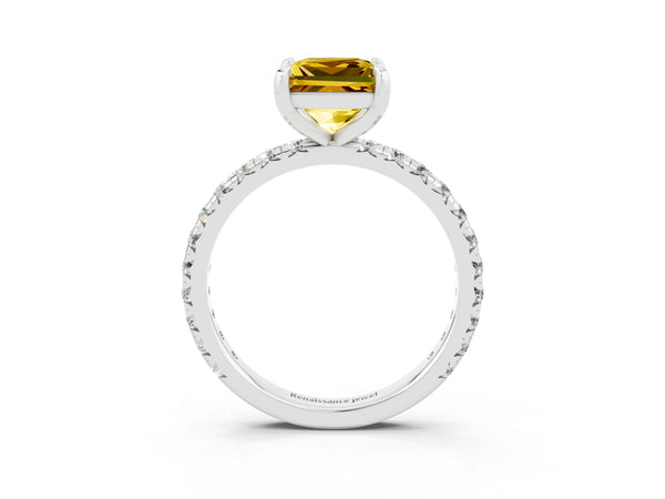 Platinum Princess Cut Yellow Sapphire Pavé Solitaire Ring with Round Band and Prong Setting
