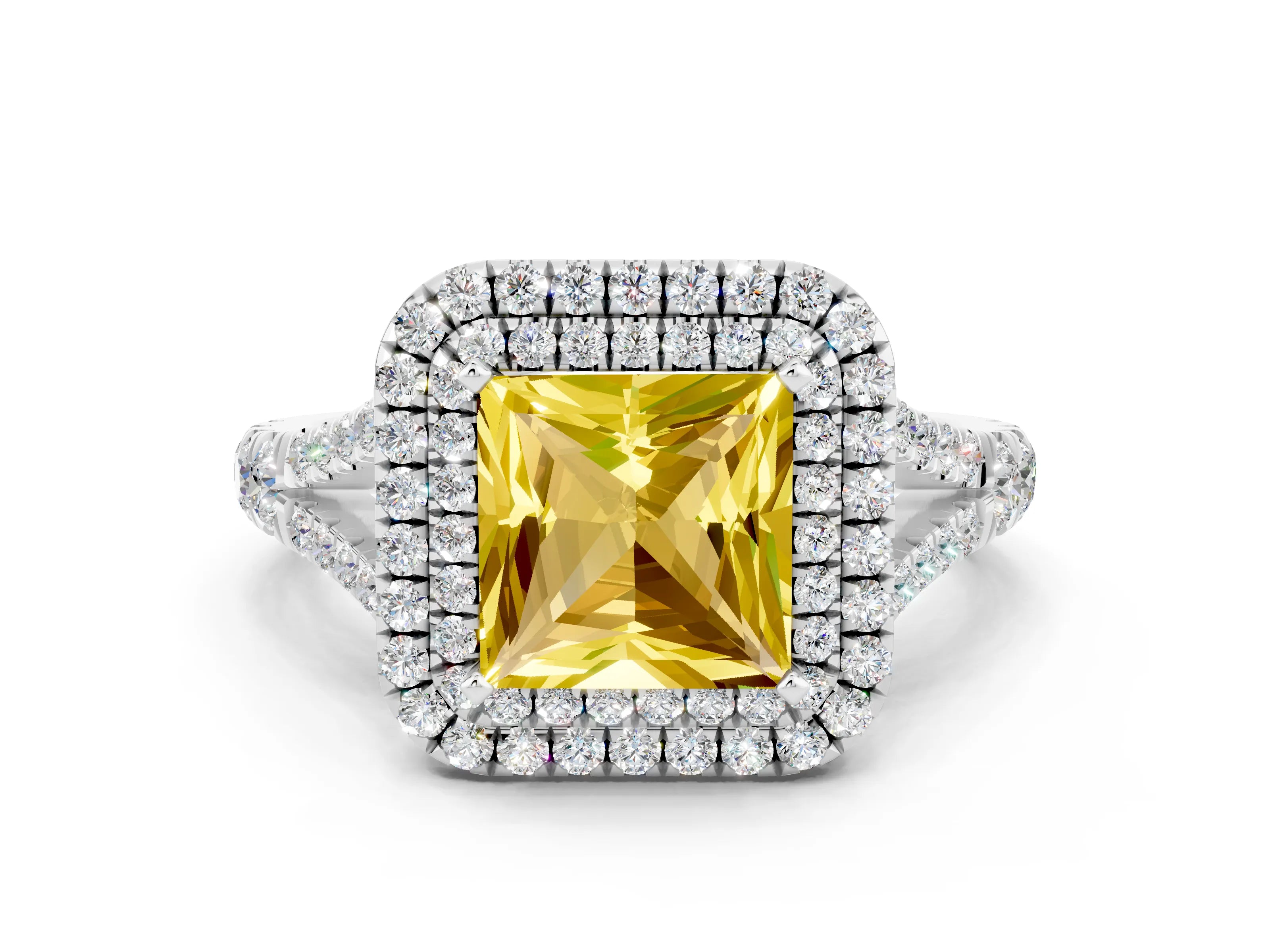 White gold Princess Cut Yellow Sapphire Pavé Split Shank Double Halo Engagement Ring