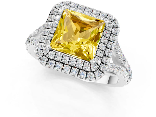 Platinum Princess Cut Yellow Sapphire Pavé Split Shank Double Halo Engagement Ring