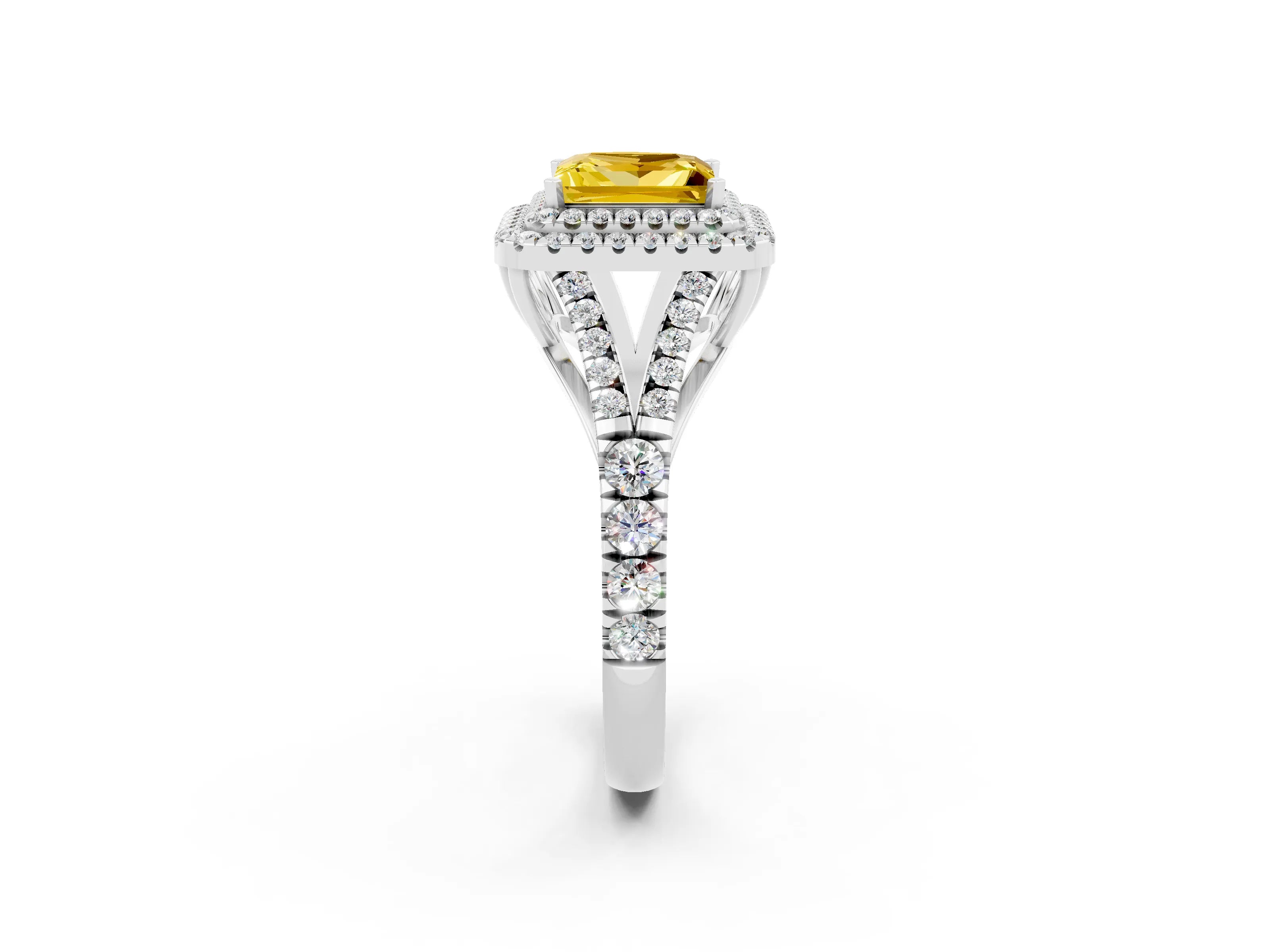 White gold Princess Cut Yellow Sapphire Pavé Split Shank Double Halo Engagement Ring_2