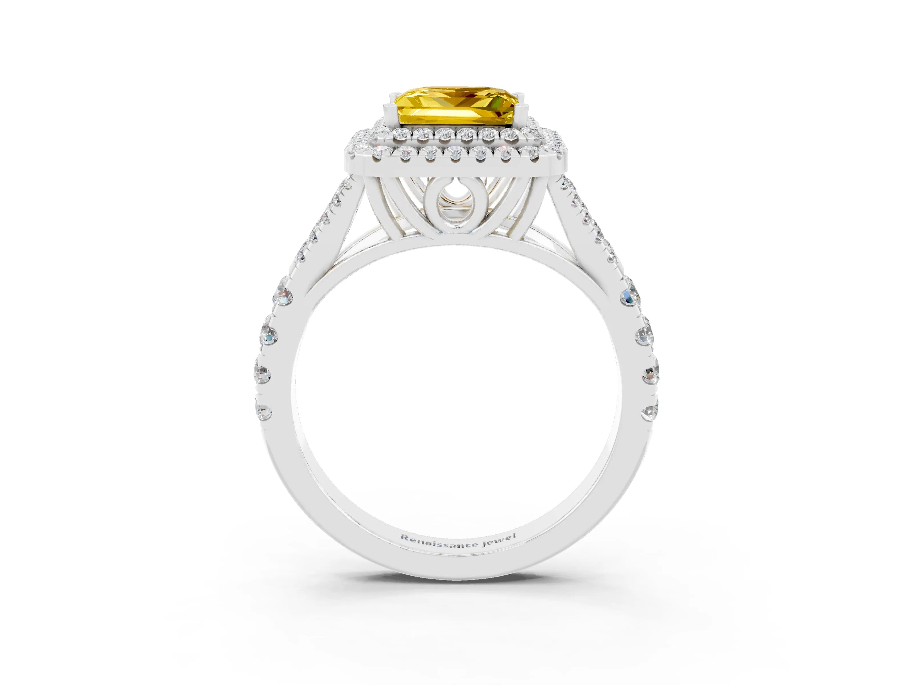 White gold Princess Cut Yellow Sapphire Pavé Split Shank Double Halo Engagement Ring_3