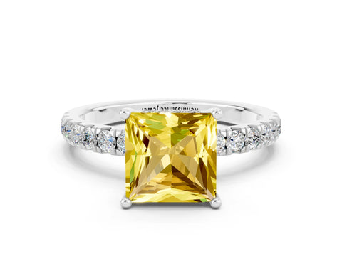 White gold Princess Cut Yellow Sapphire Pave Band Solitaire Ring with Four-Prong Setting_12