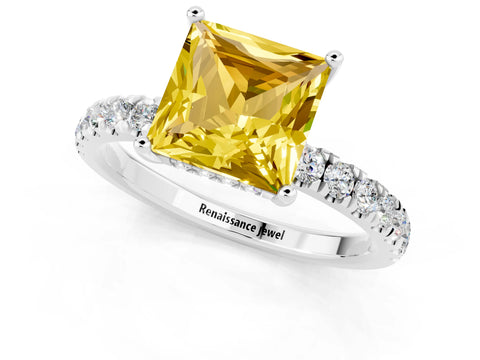 White gold Princess Cut Yellow Sapphire Pave Band Solitaire Ring with Four-Prong Setting_13
