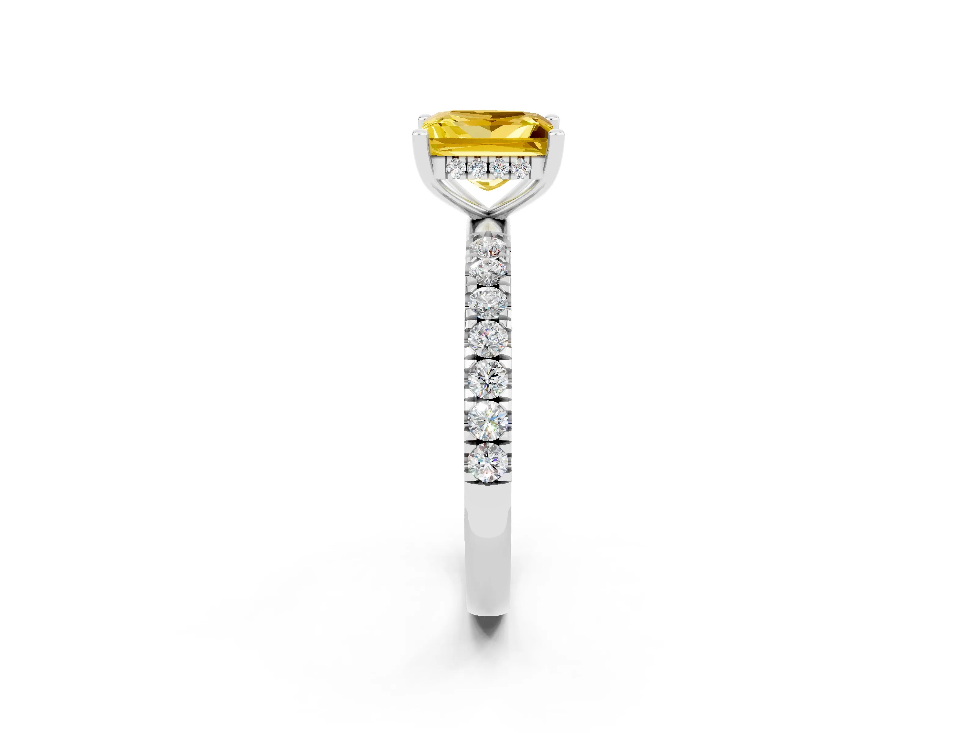 White gold Princess Cut Yellow Sapphire Pave Band Solitaire Ring with Four-Prong Setting_14
