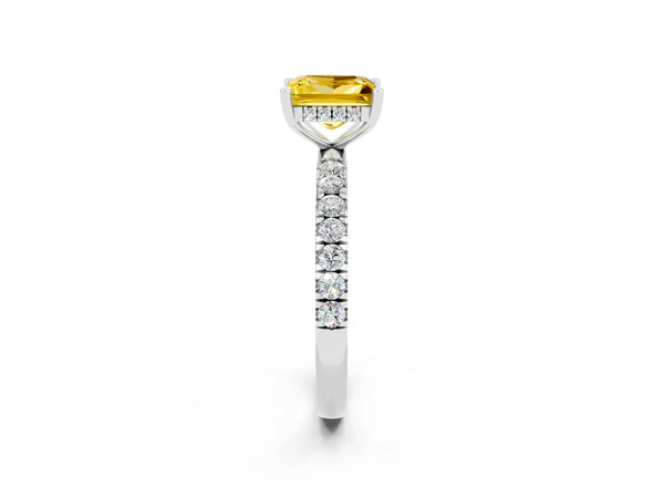 Platinum Princess Cut Yellow Sapphire Pave Band Solitaire Ring with Round  and Prong Setting
