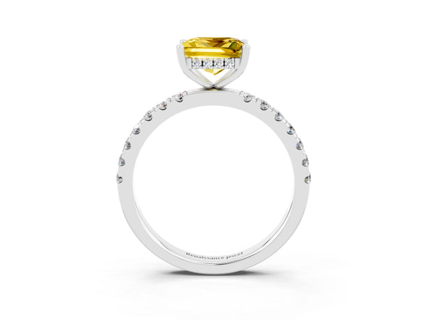 Silver Princess Cut Yellow Sapphire Pave Band Solitaire Ring with Round  and Prong Setting