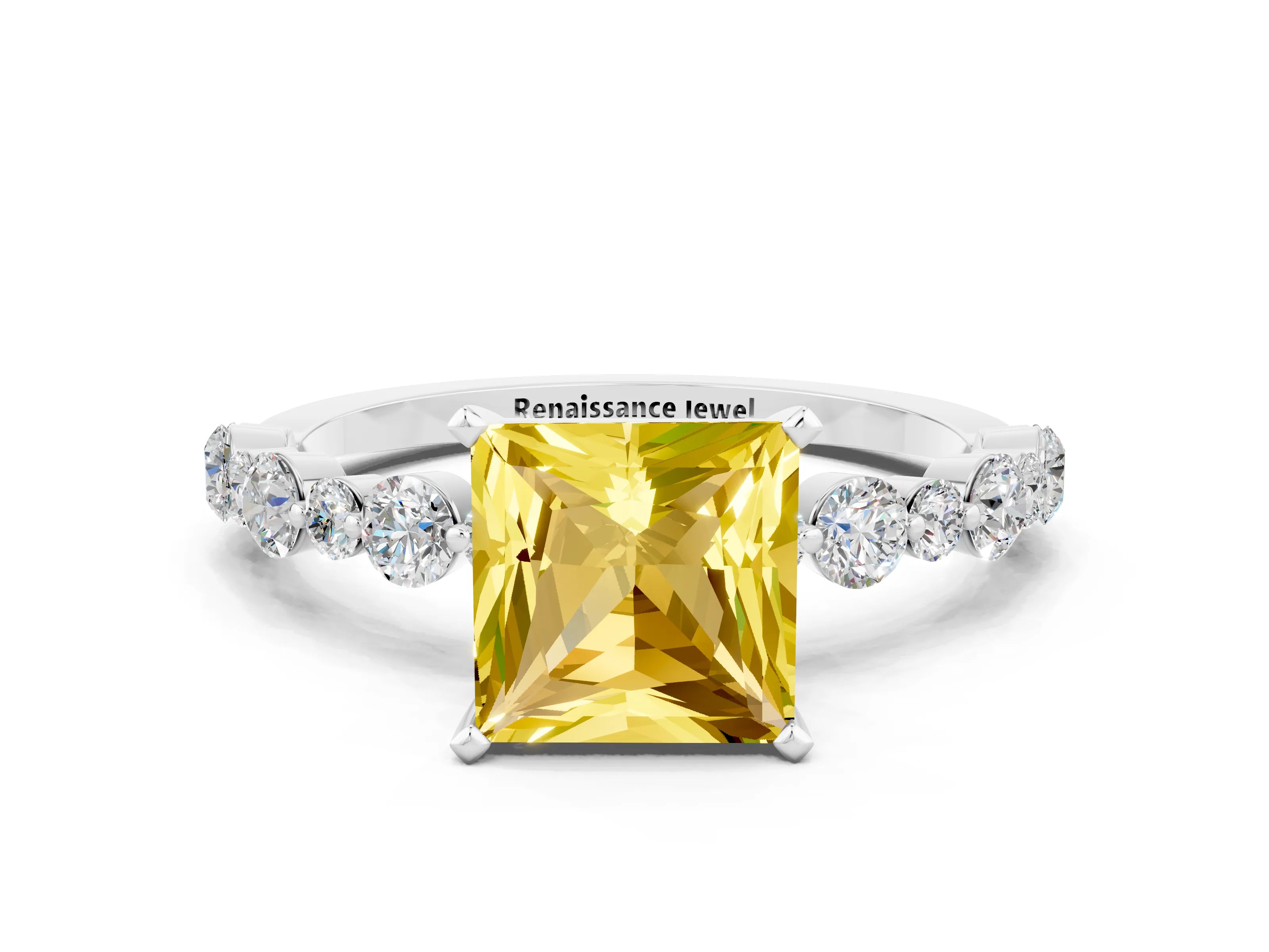 White gold Princess Cut Yellow Sapphire Prong Set Engagement Ring with Pavé Band_12