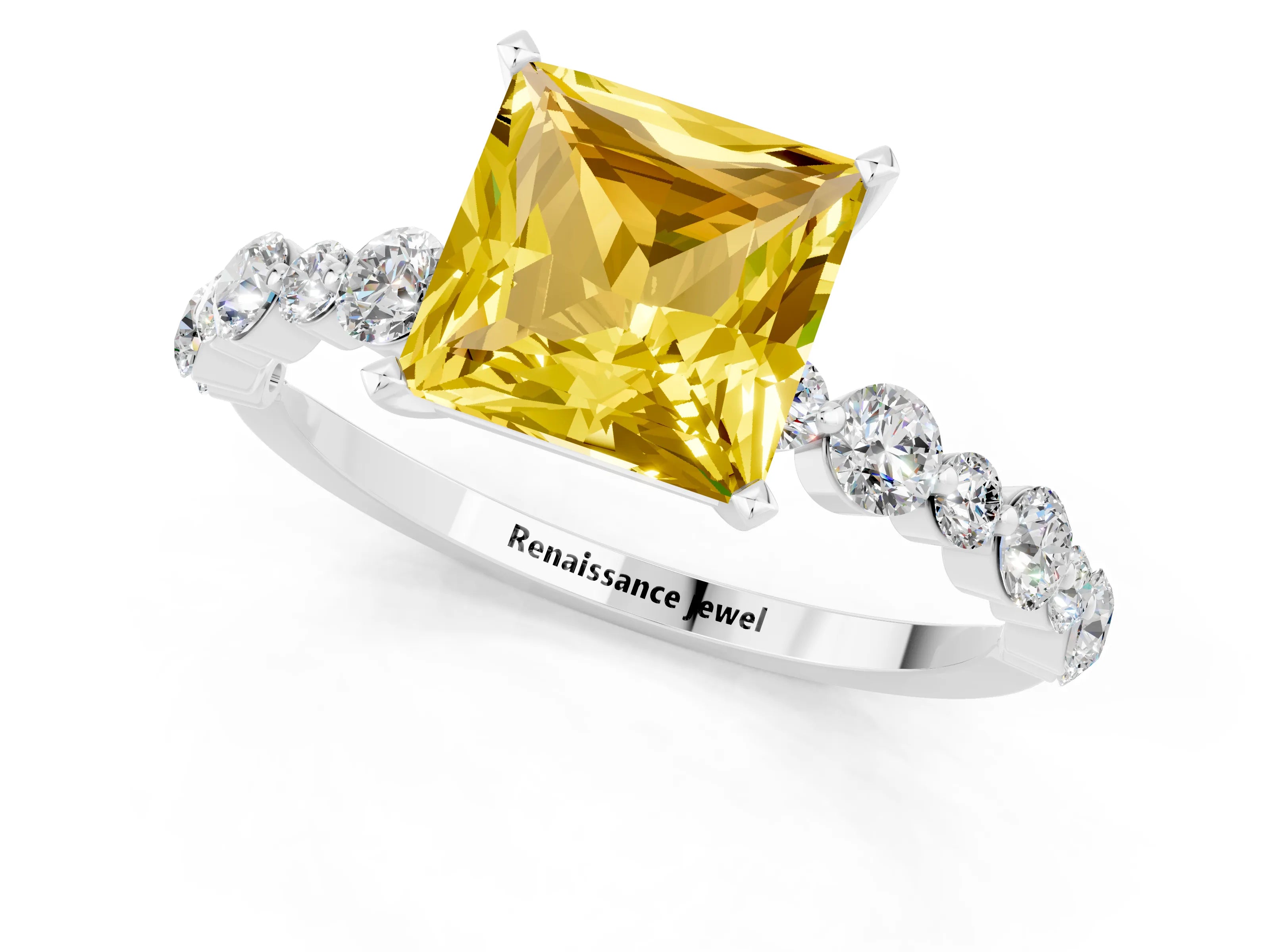 White gold Princess Cut Yellow Sapphire Prong Set Engagement Ring with Pavé Band_13