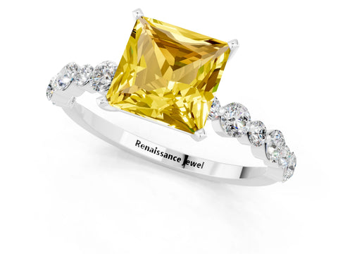 White gold Princess Cut Yellow Sapphire Prong Set Engagement Ring with Pavé Band_13