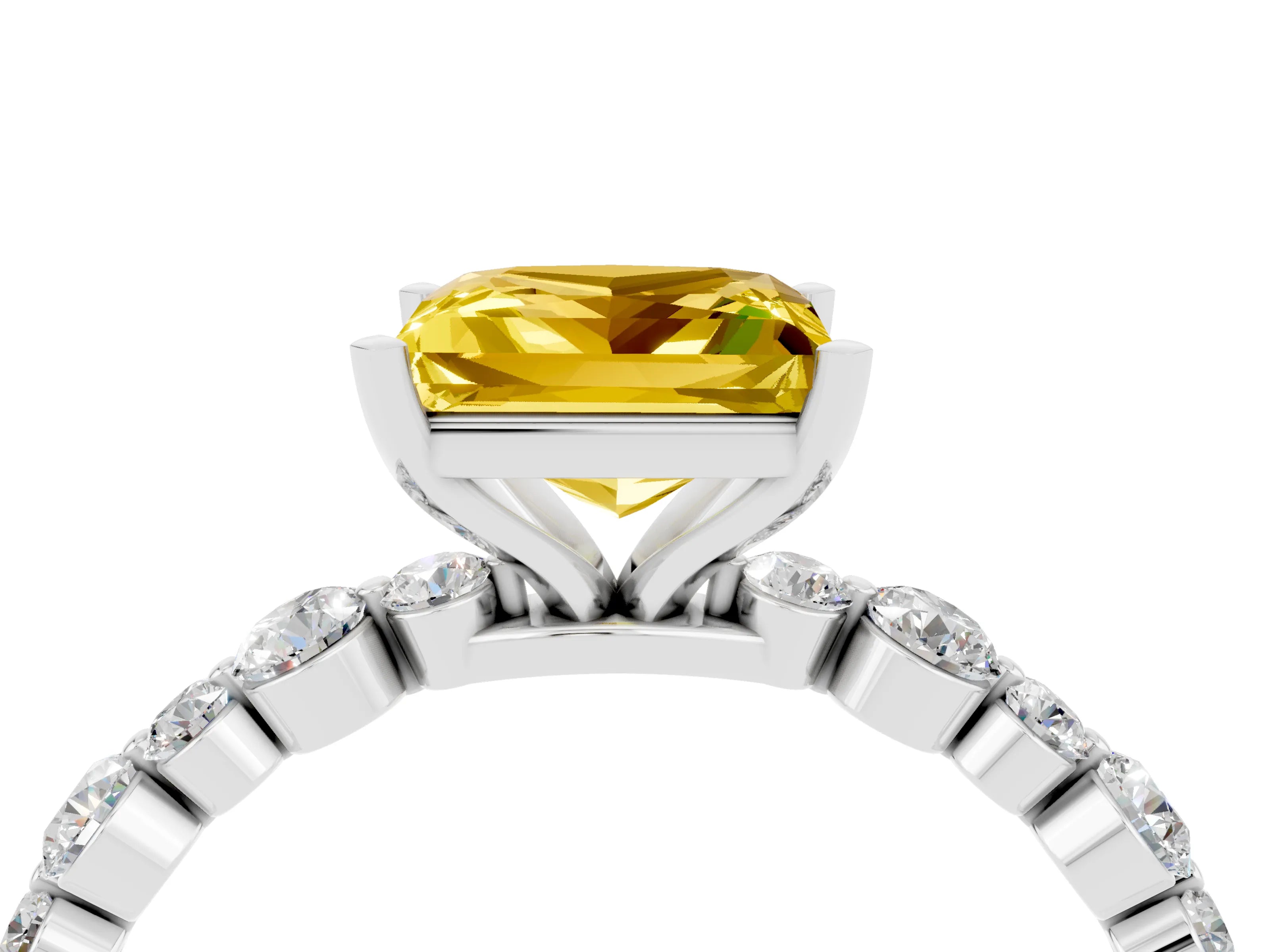 White gold Princess Cut Yellow Sapphire Prong Set Engagement Ring with Pavé Band_16