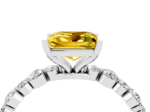White gold Princess Cut Yellow Sapphire Prong Set Engagement Ring with Pavé Band_16