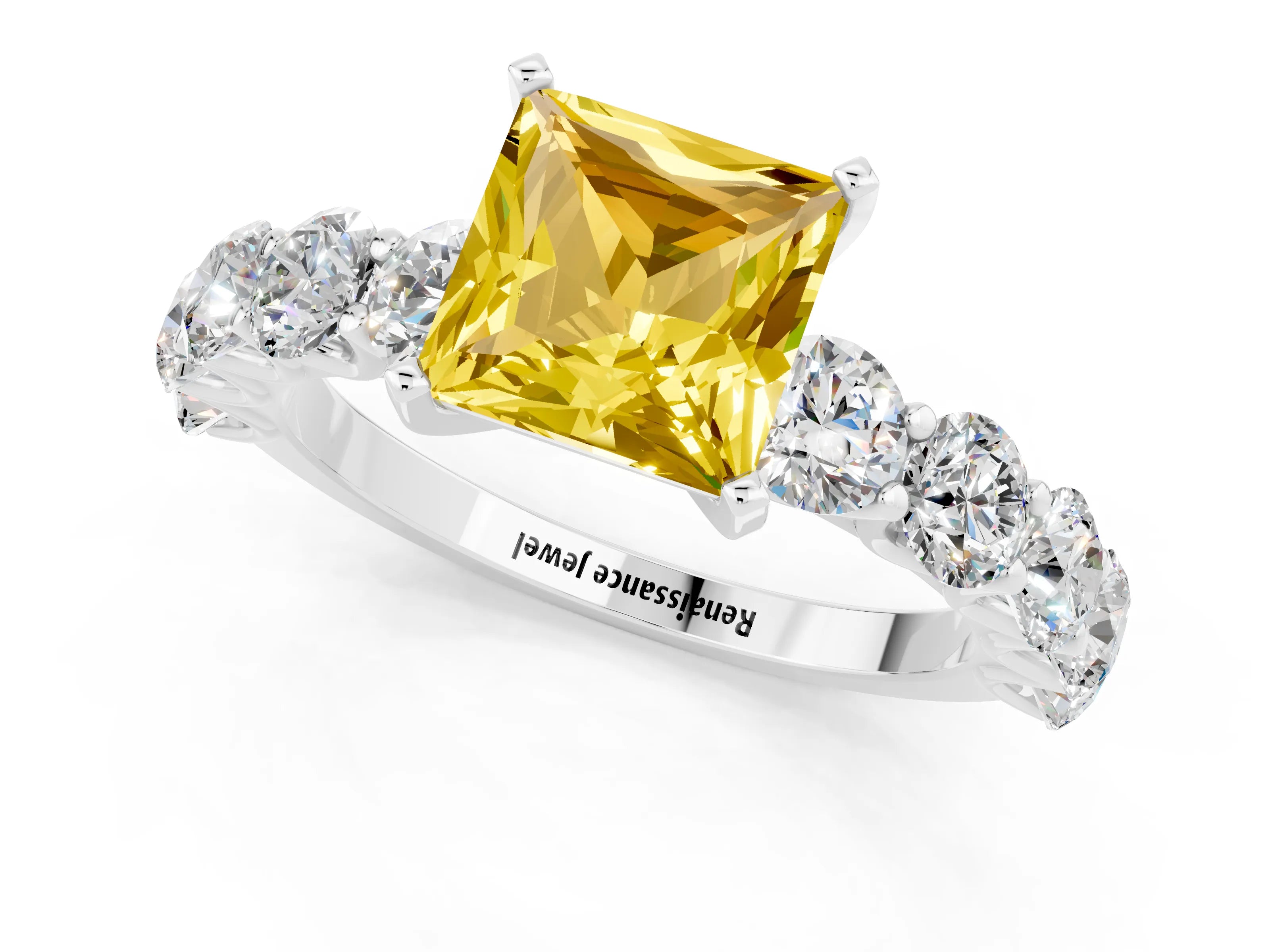 White gold Princess Cut Yellow Sapphire Prong Setting with Side Stones on a Pave Band_25