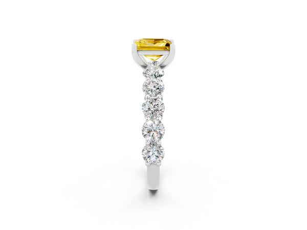 Platinum Princess Cut Yellow Sapphire Prong Setting with Side Stones on a Pave Band