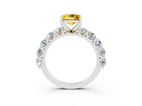 White gold Princess Cut Yellow Sapphire Prong Setting with Side Stones on a Pave Band_27