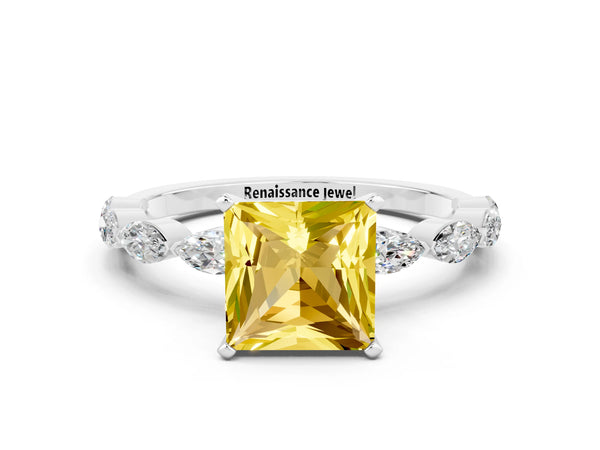 Silver Princess Cut Yellow Sapphire Ring with Marquise Side Stones and Prong Setting