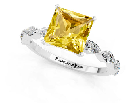 White gold Princess Cut Yellow Sapphire Ring with Marquise Side Stones and Prong Setting_13