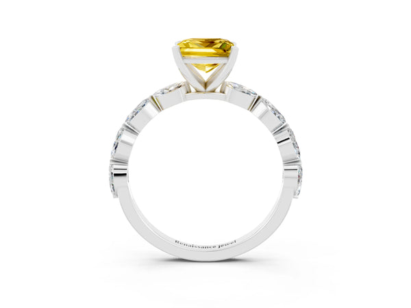 Platinum Princess Cut Yellow Sapphire Ring with Marquise Side Stones and Prong Setting