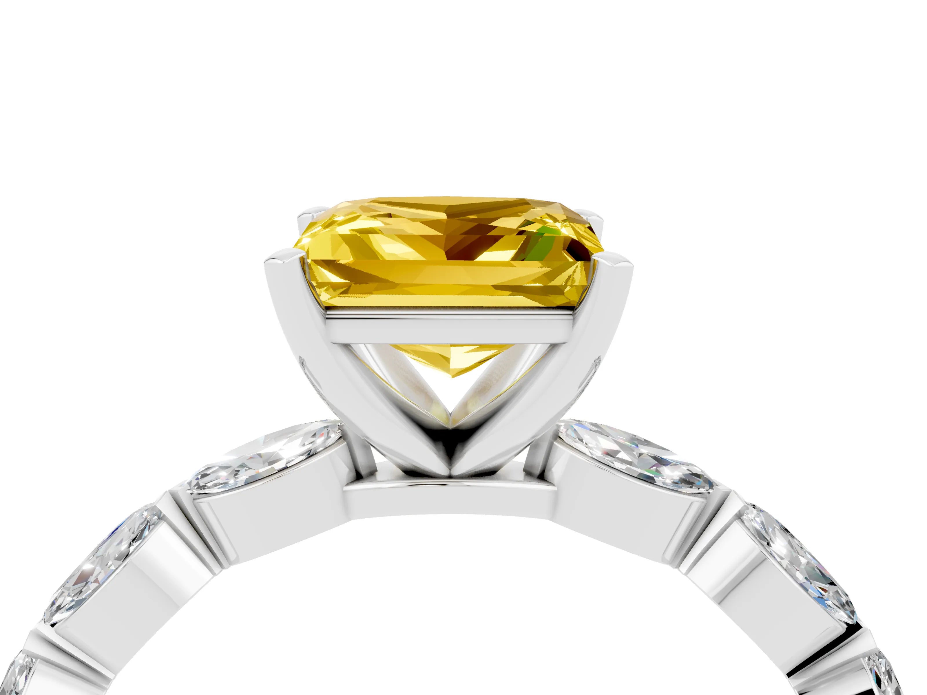 White gold Princess Cut Yellow Sapphire Ring with Marquise Side Stones and Prong Setting_16