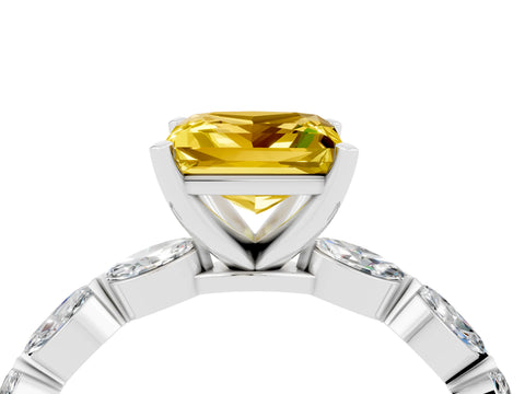 White gold Princess Cut Yellow Sapphire Ring with Marquise Side Stones and Prong Setting_16