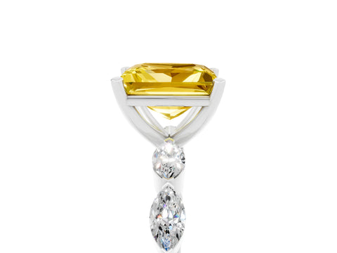 White gold Princess Cut Yellow Sapphire Ring with Marquise Side Stones and Prong Setting_17