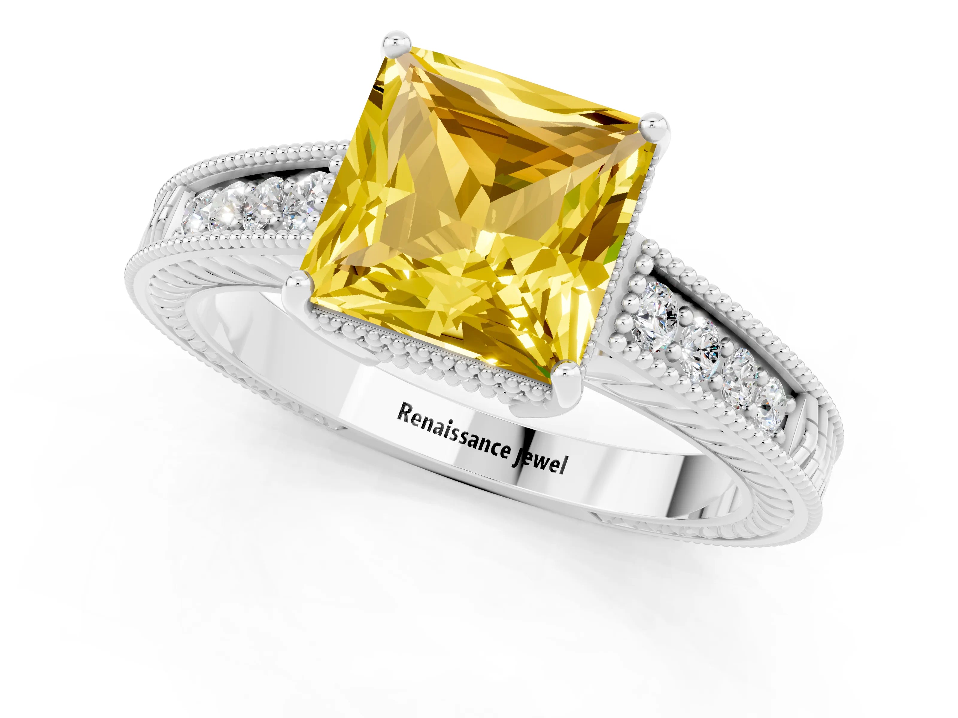 White gold Princess Cut Yellow Sapphire Ring with Milgrain Pavé Band and Four-Prong Setting_37