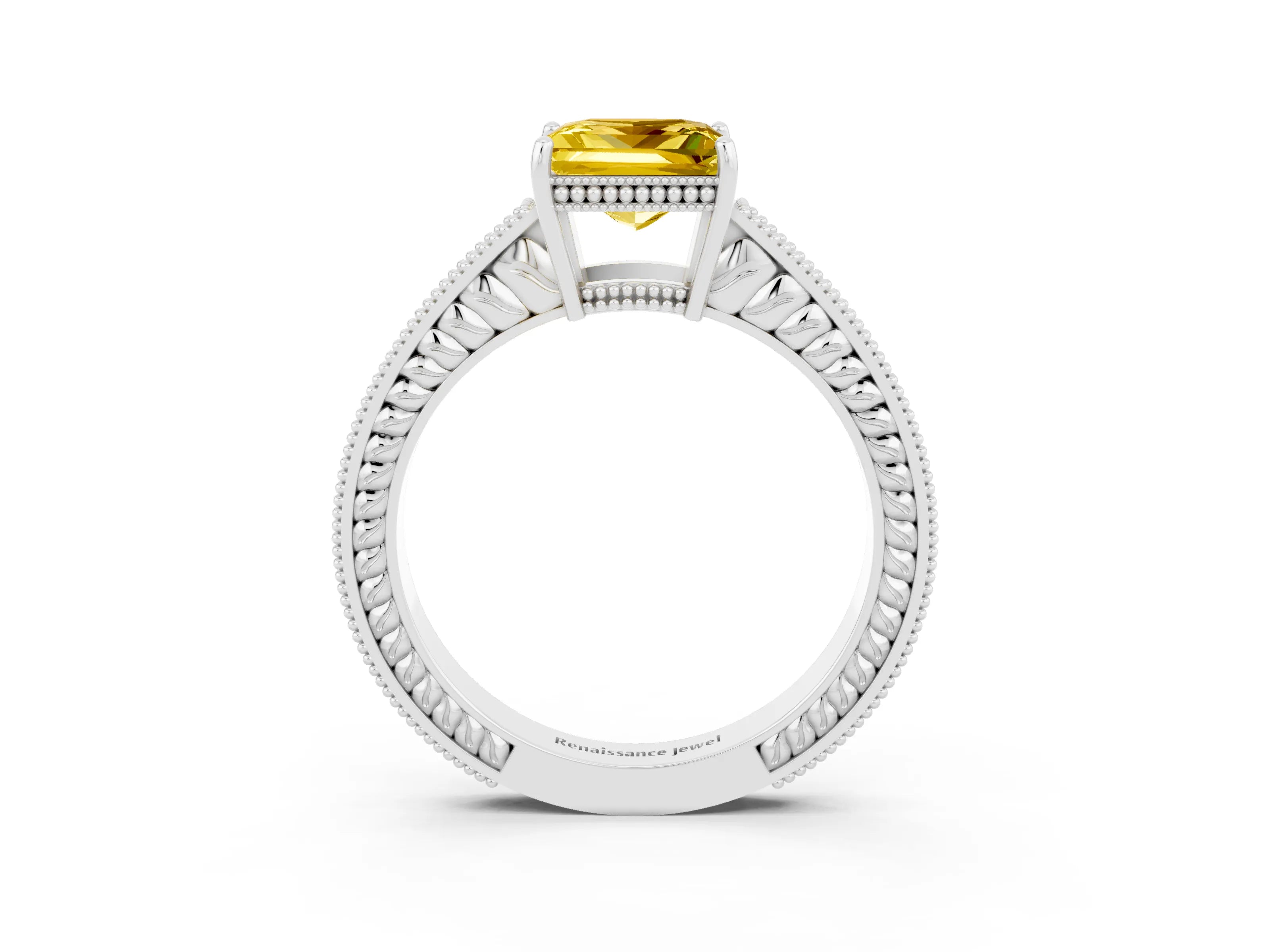 White gold Princess Cut Yellow Sapphire Ring with Milgrain Pavé Band and Four-Prong Setting_39