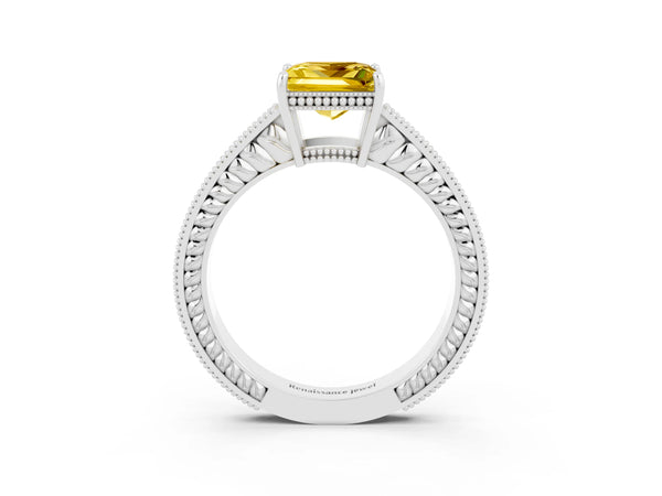Platinum Princess Cut Yellow Sapphire Ring with Milgrain Pavé Band and Four-Prong Setting