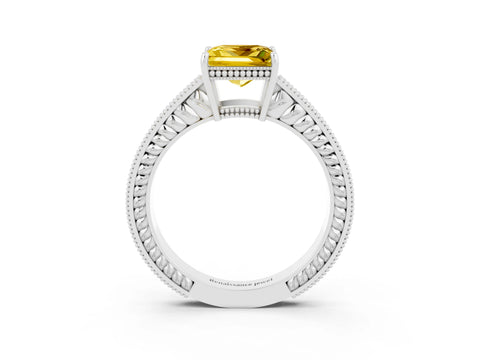 White gold Princess Cut Yellow Sapphire Ring with Milgrain Pavé Band and Four-Prong Setting_39