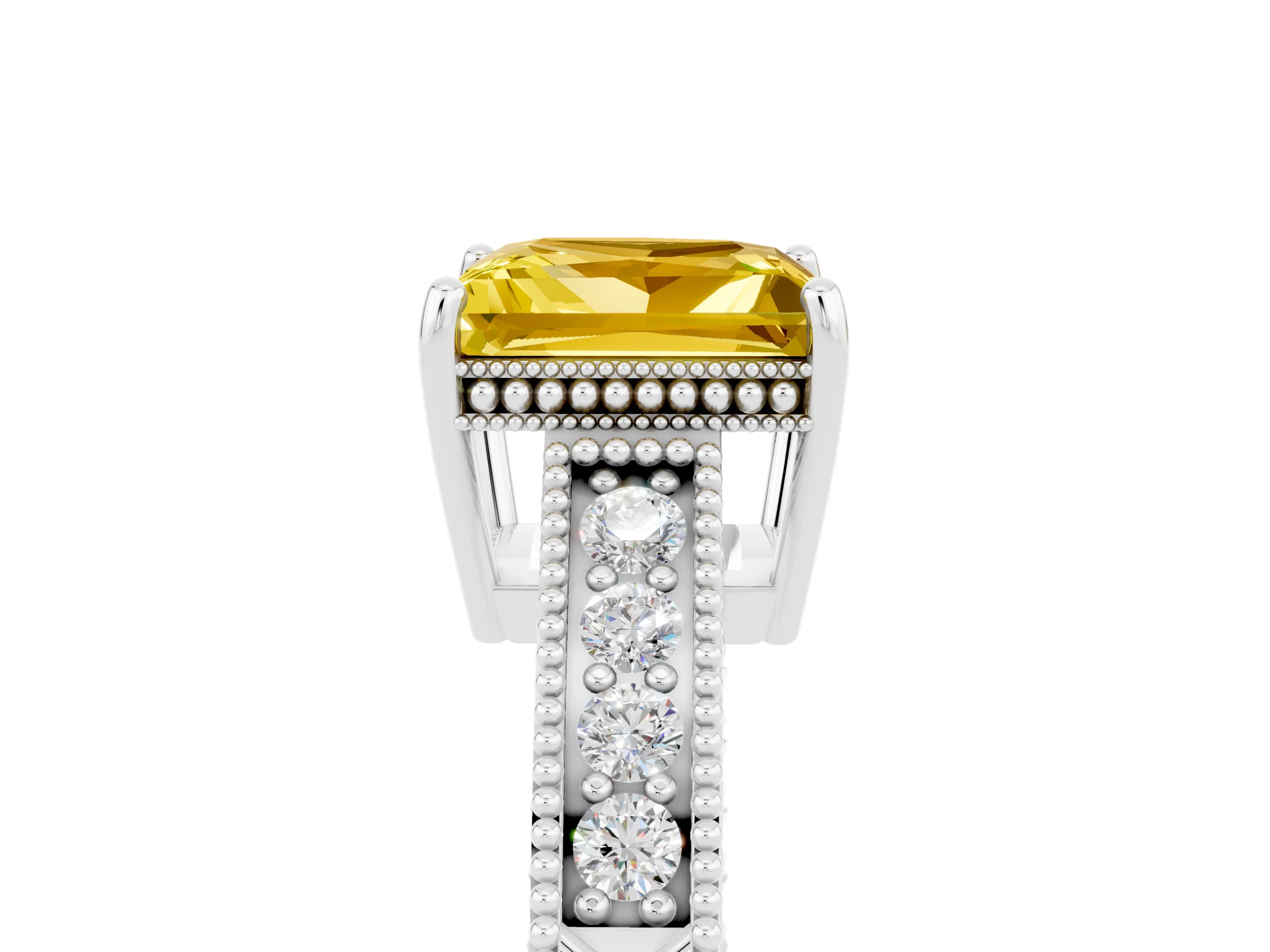 White gold Princess Cut Yellow Sapphire Ring with Milgrain Pavé Band and Four-Prong Setting_41