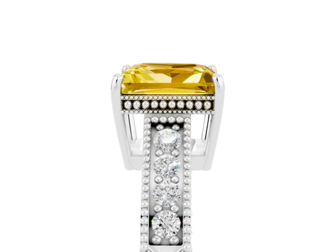 White gold Princess Cut Yellow Sapphire Ring with Milgrain Pavé Band and Four-Prong Setting_41