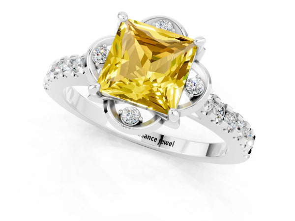 Silver Princess Cut Yellow Sapphire Ring with Pavé Band and Floral Prong Setting
