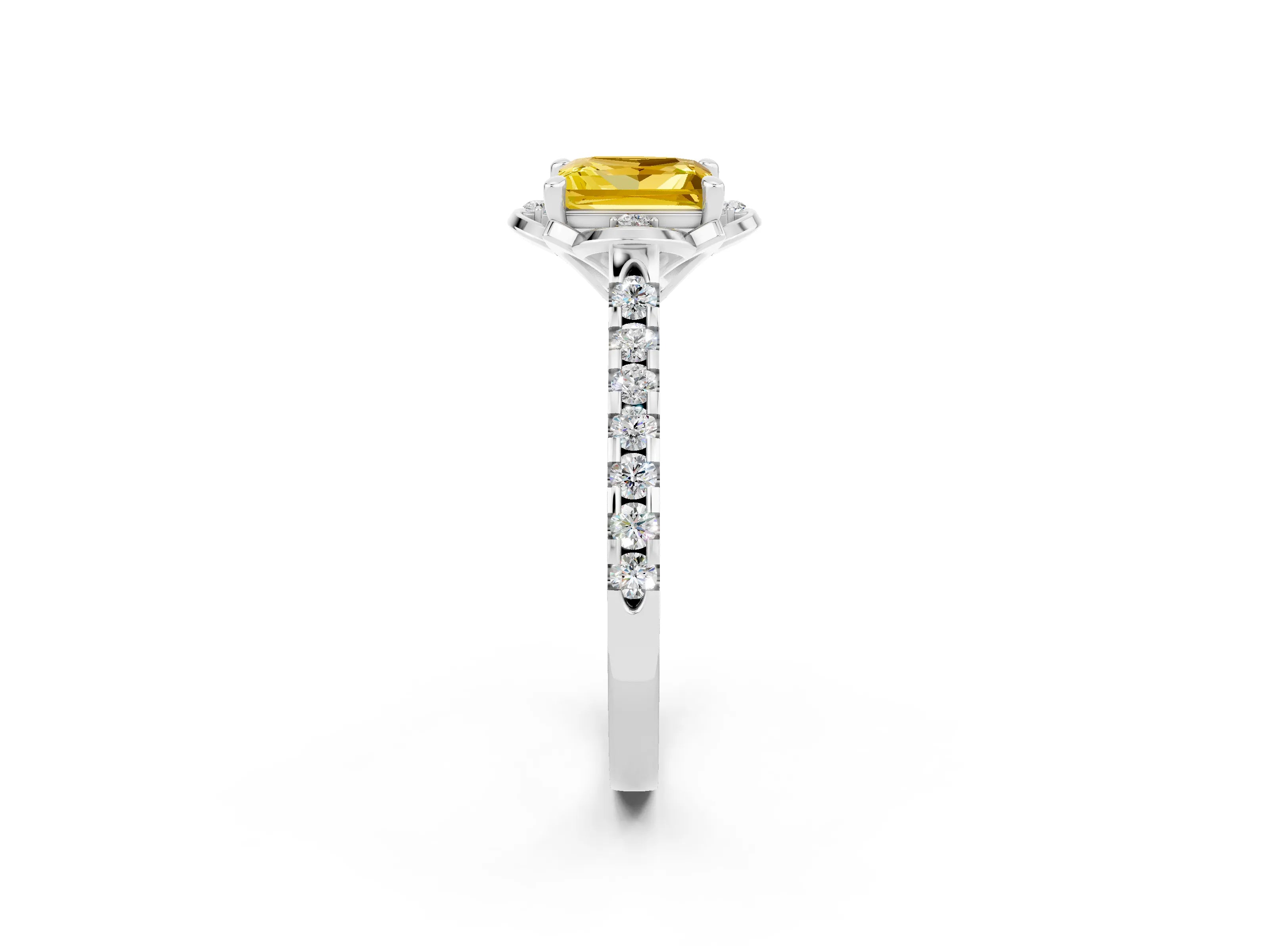 White gold Princess Cut Yellow Sapphire Ring with Pavé Band and Floral Prong Setting_2