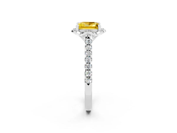 White gold Princess Cut Yellow Sapphire Ring with Pavé Band and Floral Prong Setting
